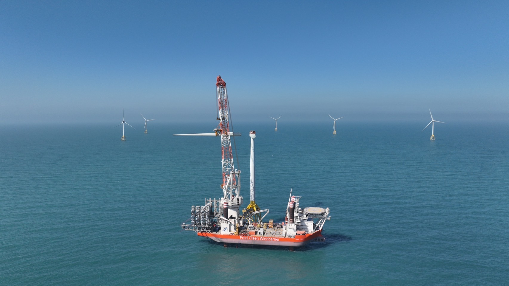 Offshore wind turbines and an installation vessel at Taiwan’s Formosa 2 wind farm.